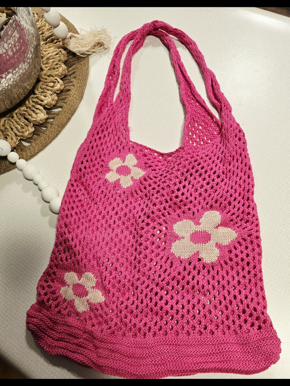 Hand Crafted Hot Pink Knit Tote with Cream Floral Accents